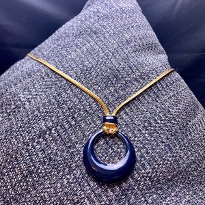 Monet Gold Tone Woven Chain Blue Pendant Necklace